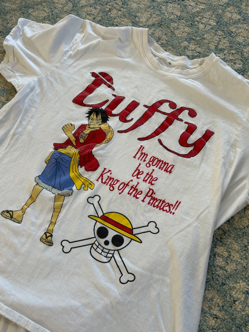 White Luffy Graphic Kids Tee with Red & Yellow Print